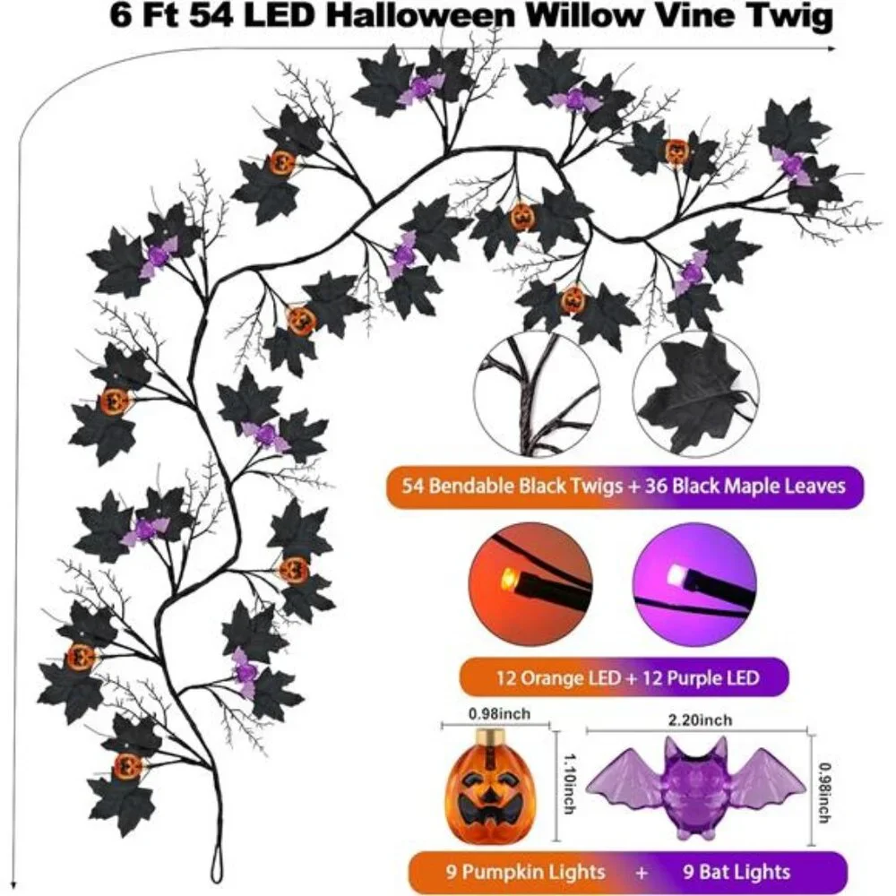 6FT 54 LED Halloween Willow Vine Twig Decor Black Halloween Garland